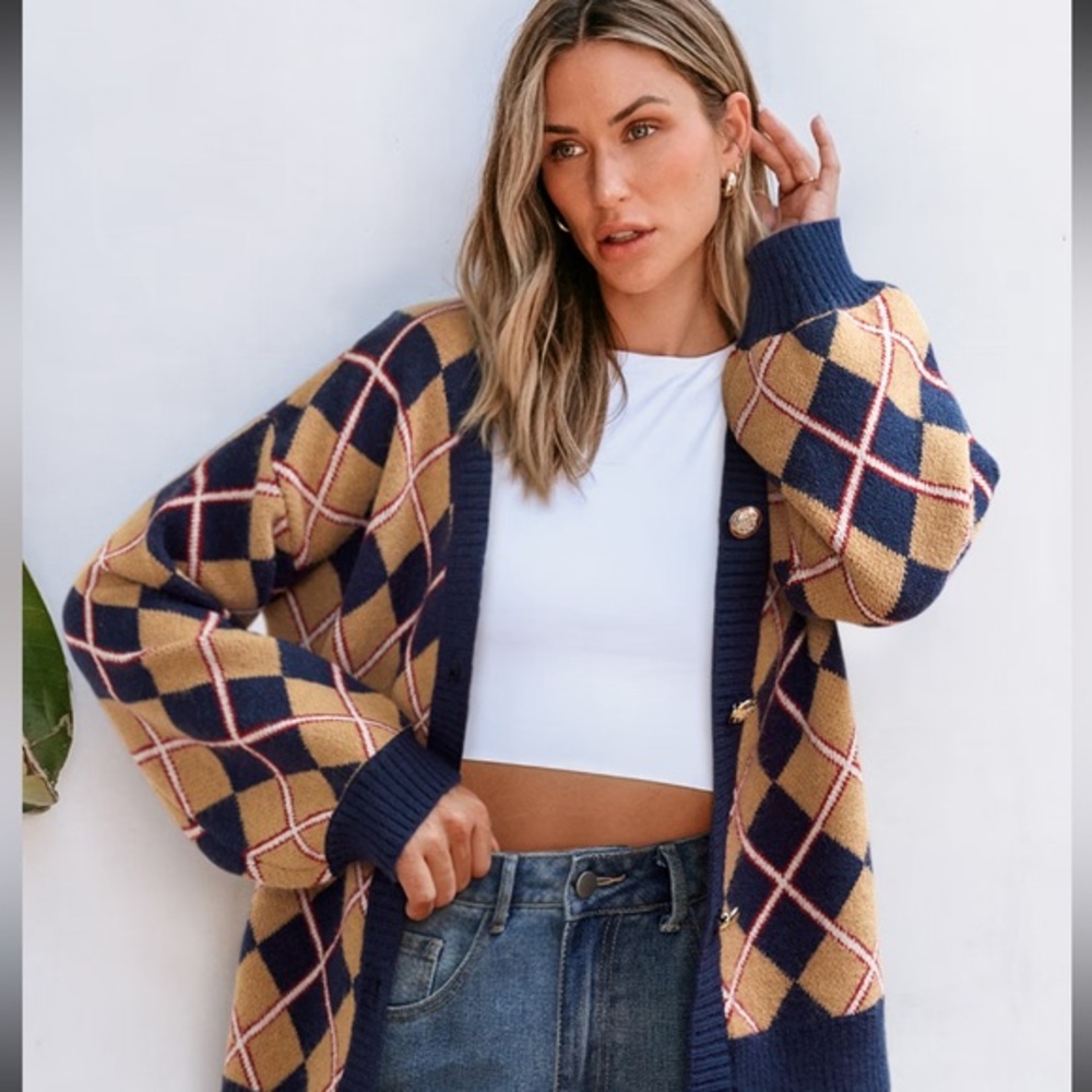 Cupshe The Varsity Vibes Argyle Cardigan New with Tags